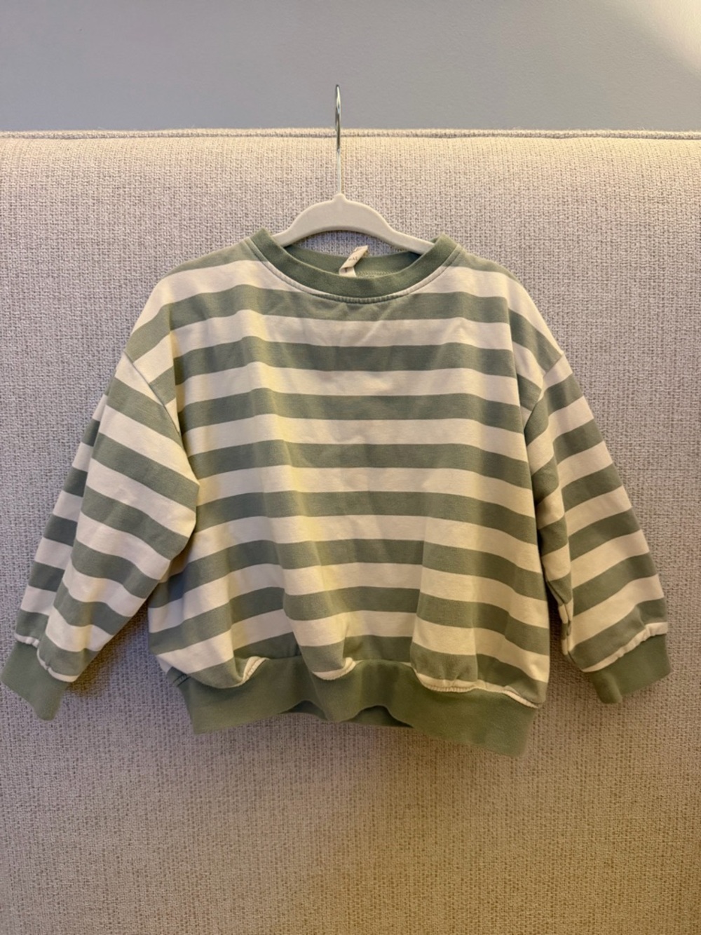Quincy Mae Sage Green and Cream Striped Crewneck Sweater